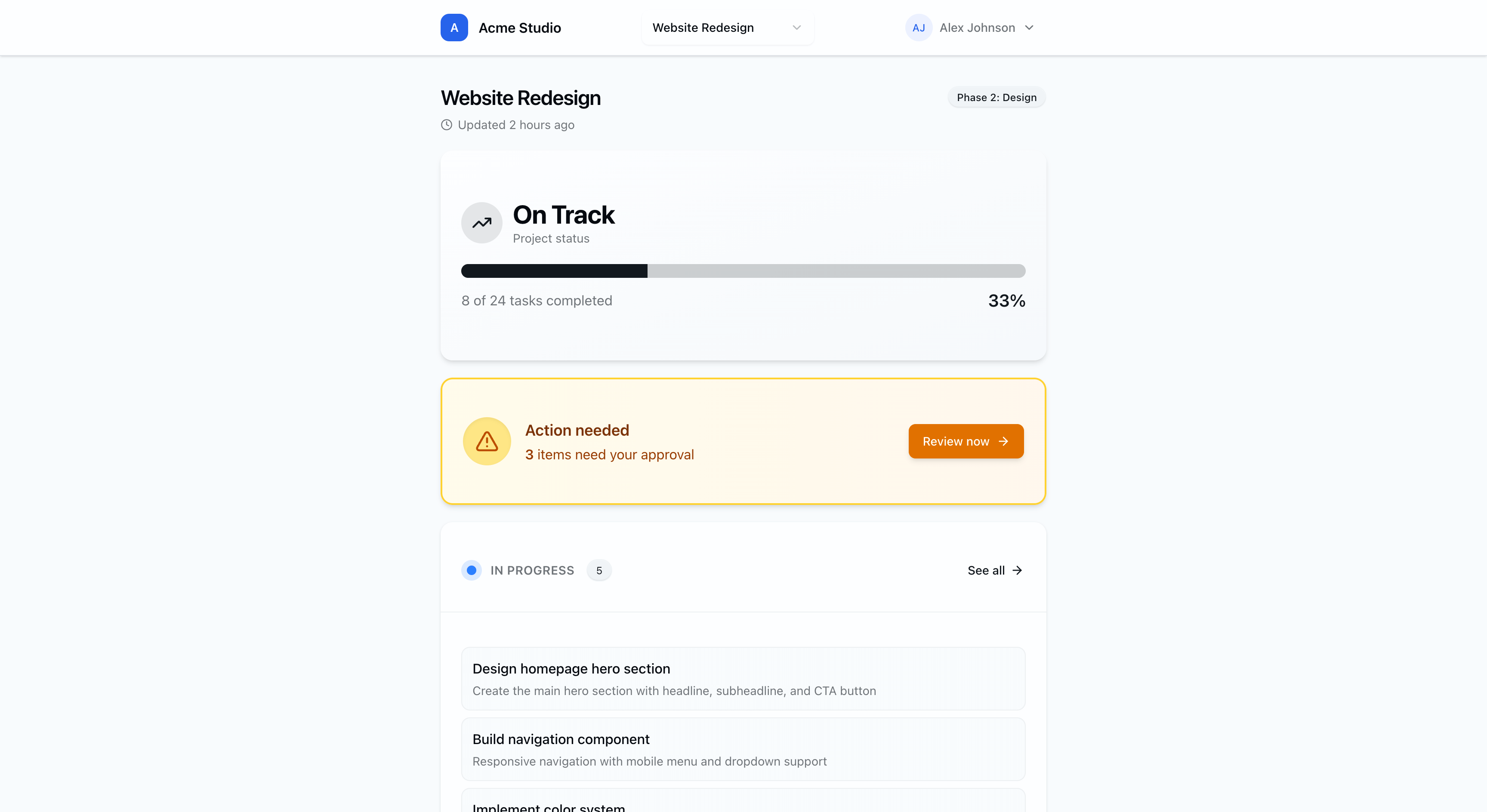 ClientView branded client portal showing project progress, task status, and milestone tracking