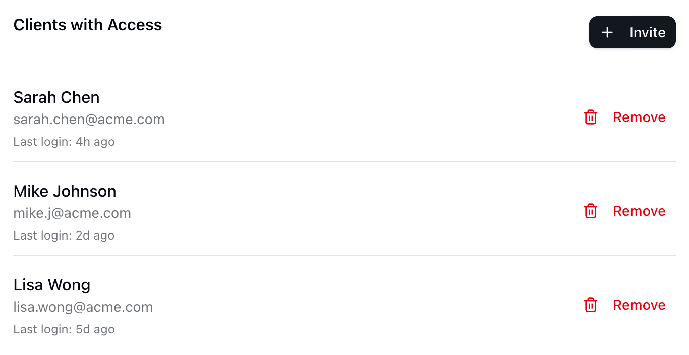Invite your clients — Send each client a private link to their branded portal. No passwords, no app downloads — just a clean, simple view of their project.